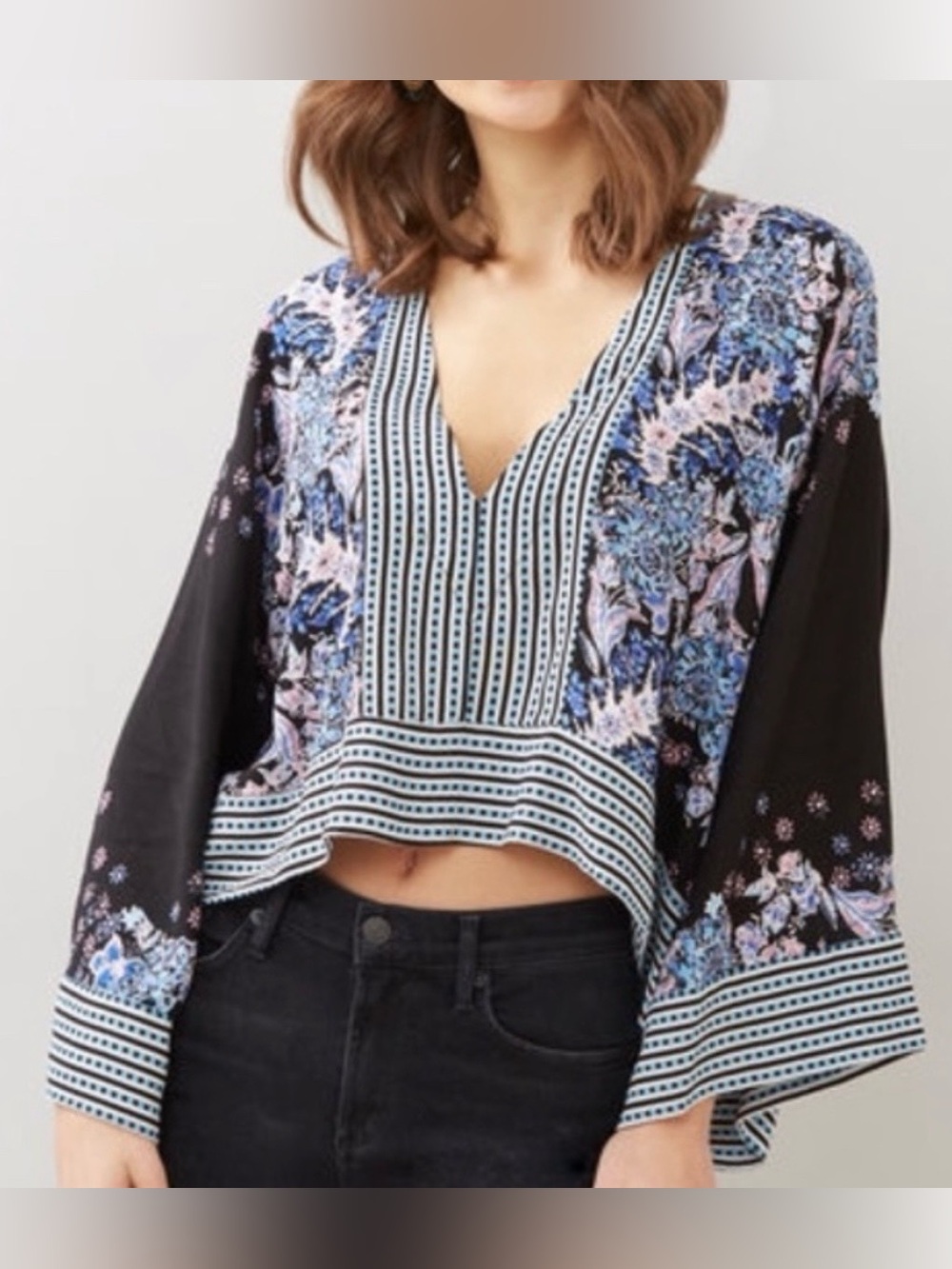 Free People Mix N Match Blouse Black V-Neck Oversized Size XL  Boho Festival